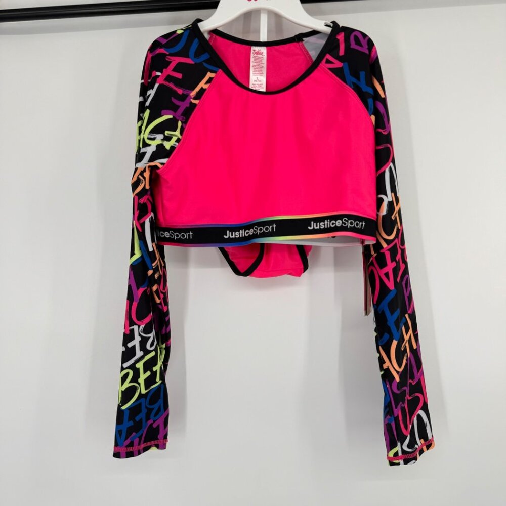 Justice Sport Girls Long Sleeve Crop Top & Bikini Set Large Pink size large - Picture 5 of 10